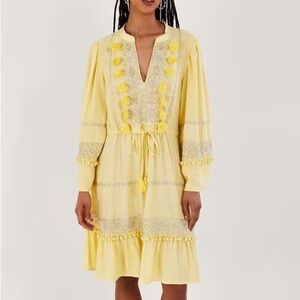 🏷️ New Monsoon London beach light yellow tassel coverup dress embroidered small